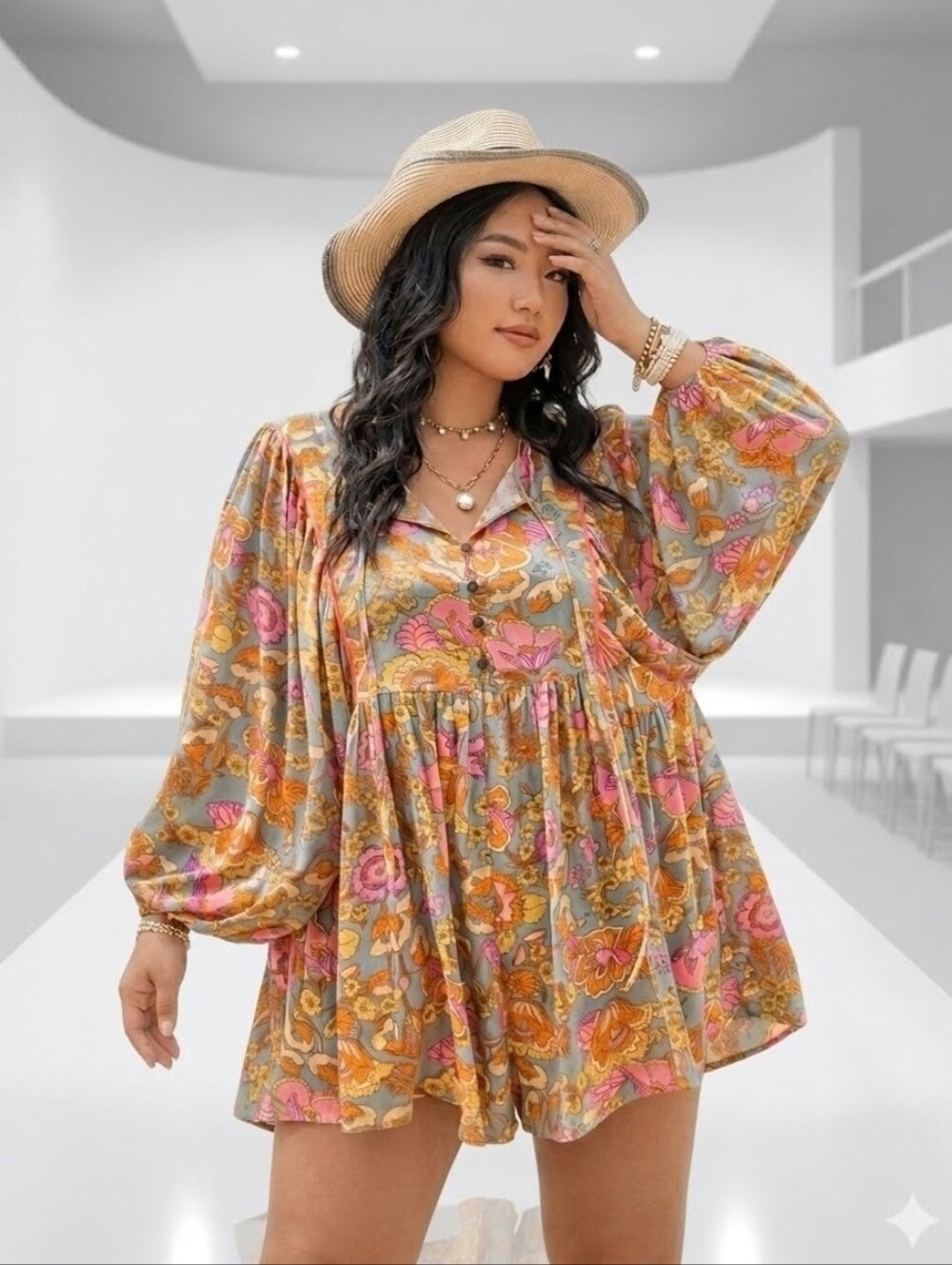 Boho Floral V-Neck Romper in Pink & Orange